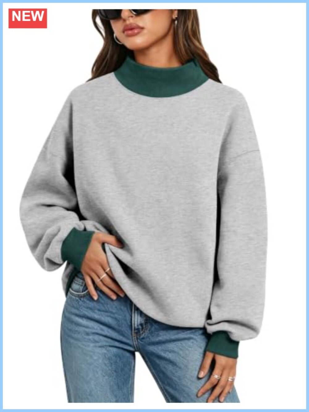 Oversized Color Block Turtleneck Fleece Pullover Sweatshirt Long Sleeve